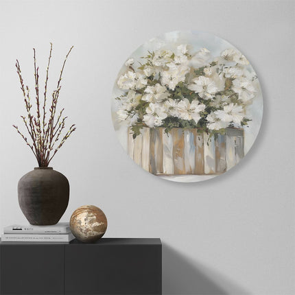Wandcirkel muur Witte Bloemen in een Houten Kist