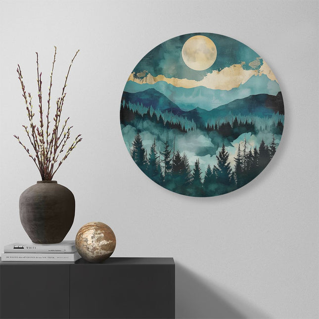Wandcirkel muur Aquarelkunstwerk van Bergen en een Volle Maan