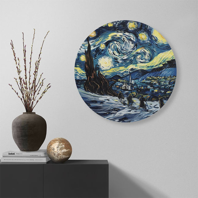 Wandcirkel muur Kunstwerk van een Sterrennacht met Mensen op Ski's