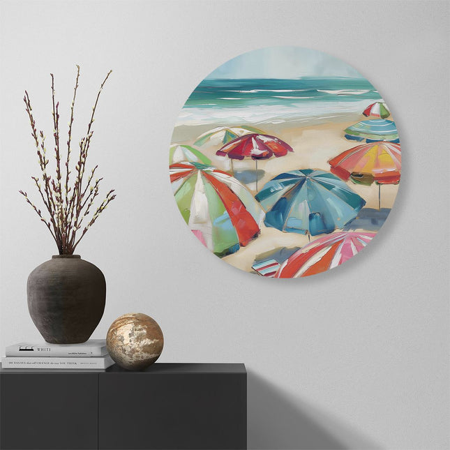 Wandcirkel muur Kleurrijke Parasols op het Strand