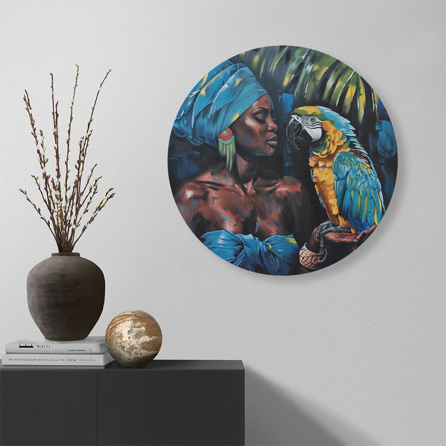 Wandcirkel muur Kunstwerk van een Vrouw met een Papegaai