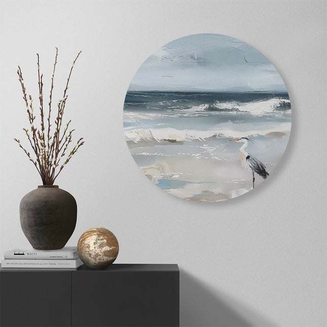 Wandcirkel muur Kunstwerk van een Reiger op het Strand