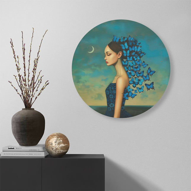 Wandcirkel muur Vrouw met Blauwe Vlinders op haar Hoofd