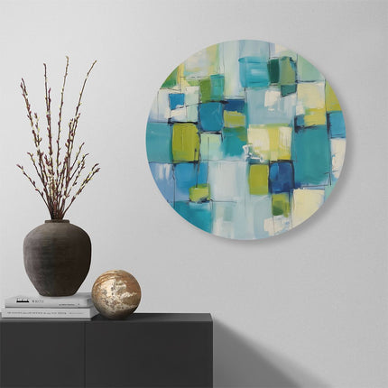 Wandcirkel muur Abstract Kunstwerk met Blauwe, Groene en Gele Vierkanten