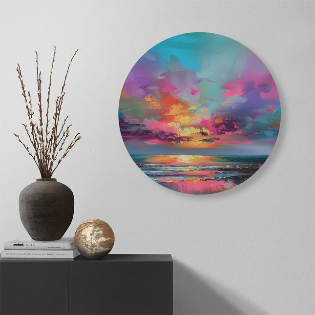 Wandcirkel muur Abstract Kunstwerk van een Kleurrijke Zonsondergang over de Oceaan