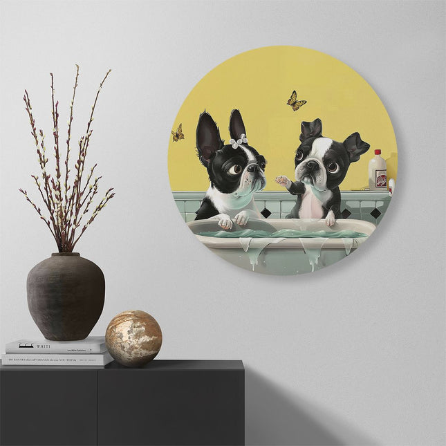 Wandcirkel muur Twee Boston Terriers die een Bad Nemen