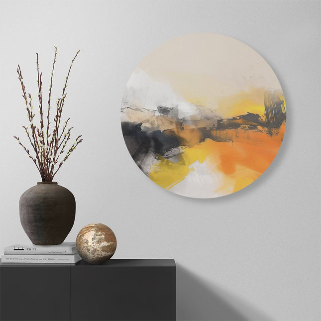 Wandcirkel muur Abstract Kunstwerk van Geel, Zwart en Wit