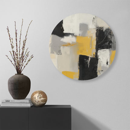 Wandcirkel muur Abstract Kunstwerk met Gele, Zwarte en Witte Vierkanten