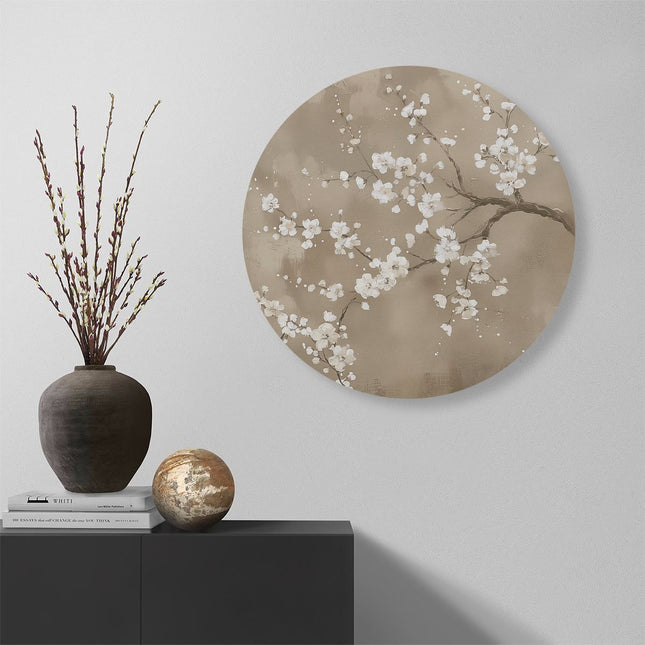Wandcirkel muur Kunstwerk van Kersenbloesems op een Beige Achtergrond