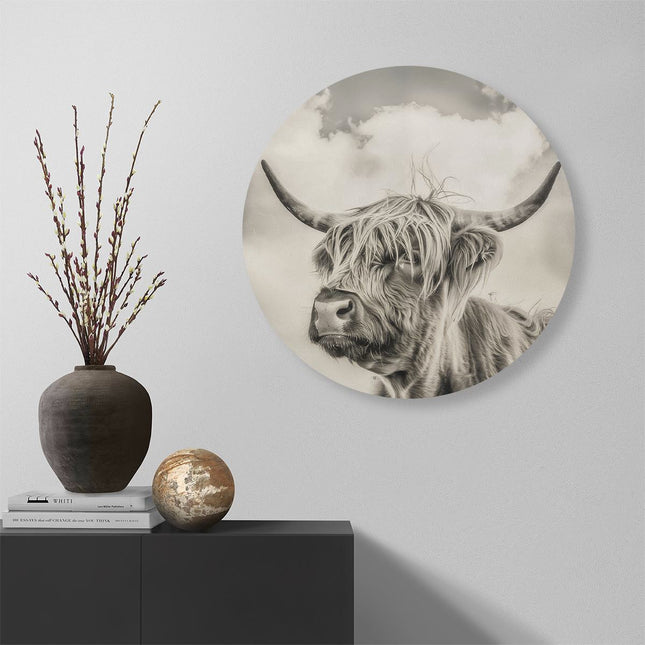 Wandcirkel muur Schotse Hooglandkoe met Hoorns