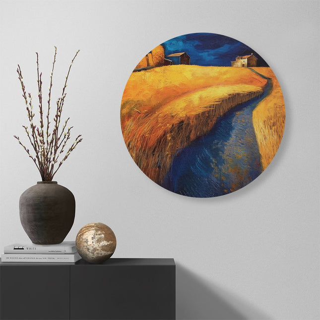 Wandcirkel muur Kunstwerk van een Tarweveld en een Beekje