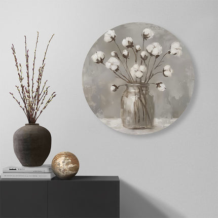 Wandcirkel muur Witte Katoenen Bloemen in een Glazen Pot