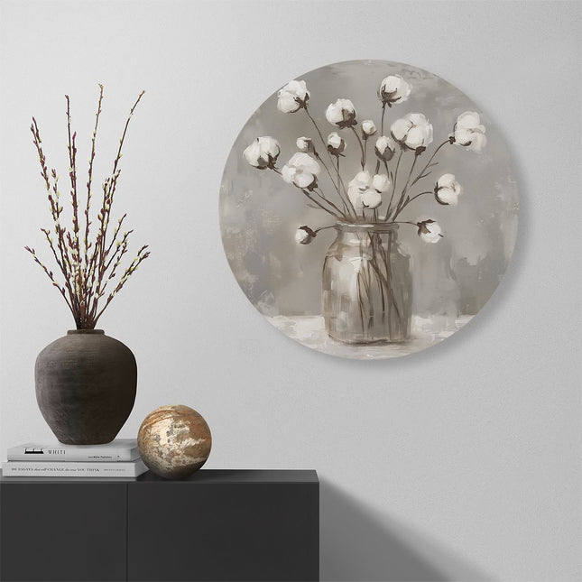 Wandcirkel muur Witte Katoenen Bloemen in een Glazen Pot