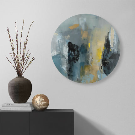 Wandcirkel muur Abstract Kunstwerk met Gele, Blauwe en Grijze Kleuren