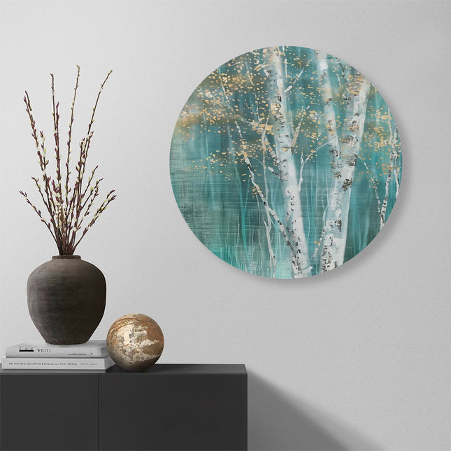 Wandcirkel muur Kunstwerk van Berkenbomen in Turkoois en Goud