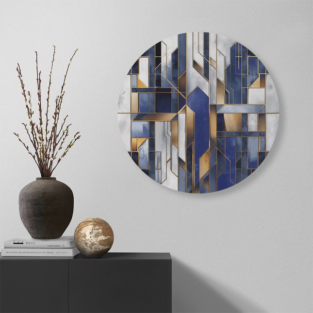 Wandcirkel muur Blauw en Goud Geometrisch Patroon op een Witte Achtergrond