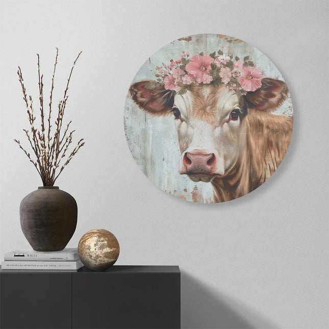 Wandcirkel muur Koe met Bloemen op haar Hoofd