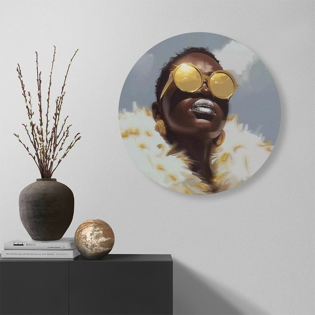 Wandcirkel muur Vrouw met Gouden Zonnebril en een Bontjas