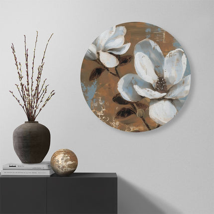 Wandcirkel muur Twee Witte Bloemen op een Bruine Achtergrond