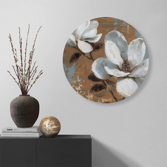 Wandcirkel muur Twee Witte Bloemen op een Bruine Achtergrond