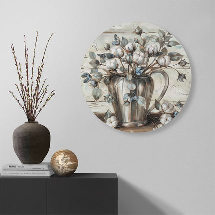 Wandcirkel muur Kunstwerk van Bloemen in een Zilveren Kan op een Houten Tafel
