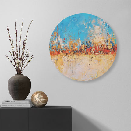Wandcirkel muur Abstract Kunstwerk in Blauw, Oranje en Geel