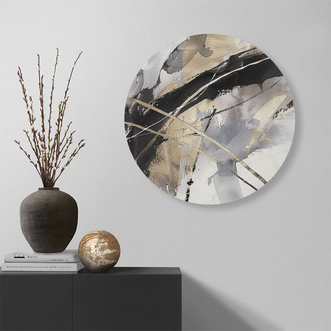 Wandcirkel muur Abstract Kunstwerk met Gouden en Zwarte Lijnen