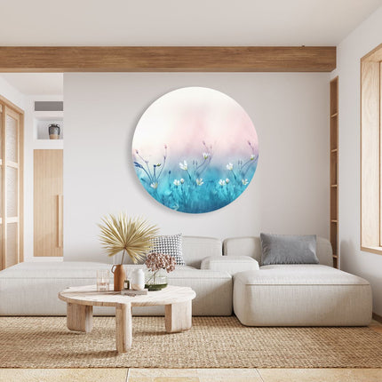 Wandcirkel woonkamer Witte Bloemen Op Een Blauw Achtergrond