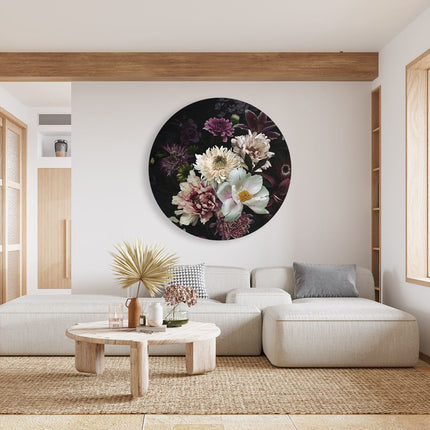 Wandcirkel woonkamer Diverse Bloemen Op Zwart Achtergrond