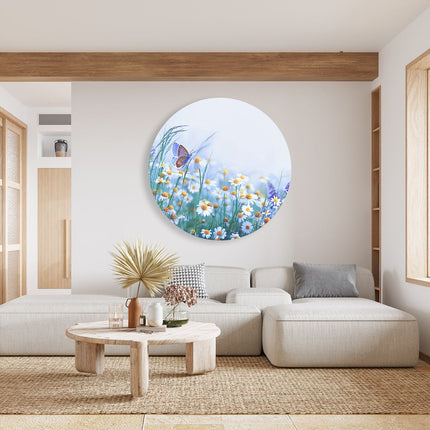 Wandcirkel woonkamer Witte Kamille Bloemen Met Een Vlinder