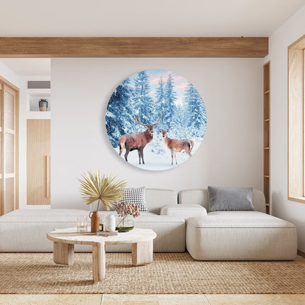 Wandcirkel woonkamer Twee Herten In Het Bos Met Sneeuw