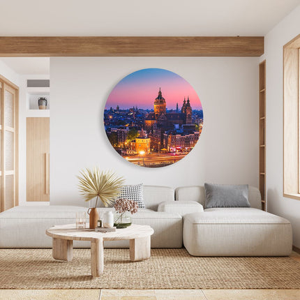 Wandcirkel woonkamer Amsterdam Skyline Bij Zonsondergang 