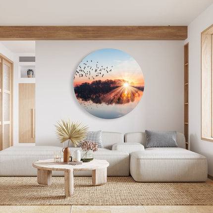 Wandcirkel woonkamer Groep Vogels Boven De Meer Met Zonsondergang
