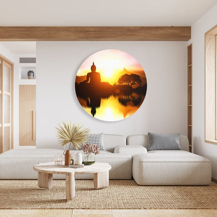 Wandcirkel woonkamer Silhouet Van Boeddha Beeld Met Zonsondergang
