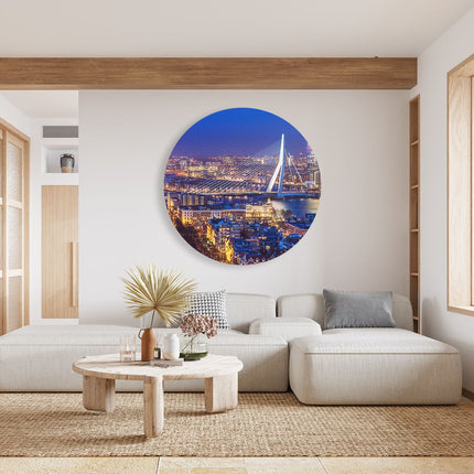 Wandcirkel woonkamer Rotterdamse Skyline Met De Erasmusbrug 