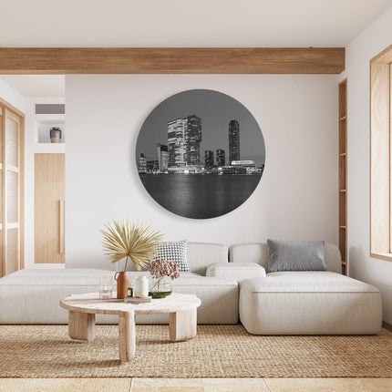 Wandcirkel woonkamer Rotterdamse Skyline - Zwart Wit