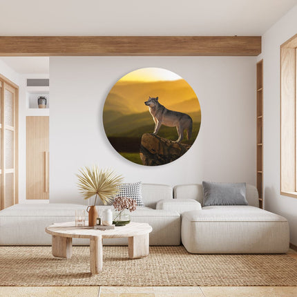 Wandcirkel woonkamer Wolf Op Een Rots Met Een Heuvel Landschap