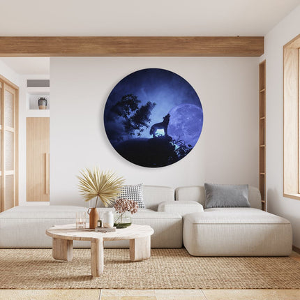 Wandcirkel woonkamer Huilende Wolf In Silhouet Bij Volle Maan