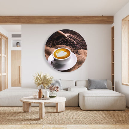 Wandcirkel woonkamer Kopje Koffie In Een Hartje Met Koffiebonen