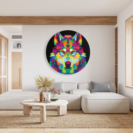 Wandcirkel woonkamer Gekleurde Wolvenkop - Wolf - Abstract