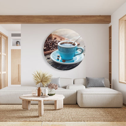 Wandcirkel woonkamer Blauw Kopje Koffie Met Koffiebonen