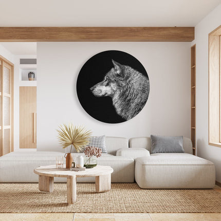 Wandcirkel woonkamer Wolvenkop - Wolf - Zwart Wit