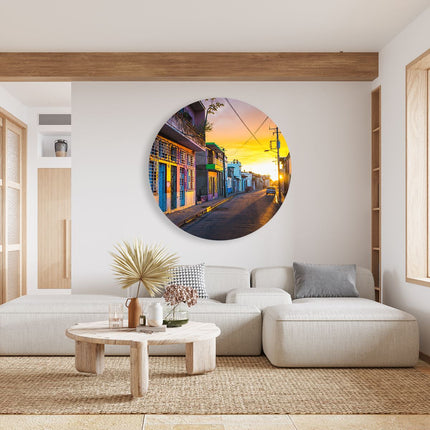 Wandcirkel woonkamer Cuba Kleurrijke Huisjes bij Zonsondergang