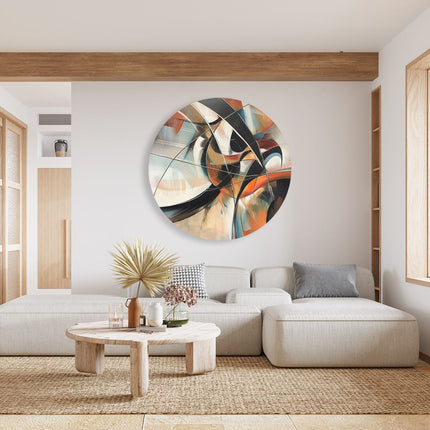 Wandcirkel woonkamer Abstract Kunstwerk met Zwarte, Oranje en Witte Kleuren