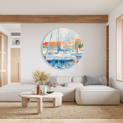 Wandcirkel woonkamer Aquarelkunstwerk van Zeilboten Aangemeerd in een Haven