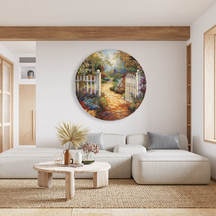 Wandcirkel woonkamer Kunstwerk van een Witte Poort in een Tuin