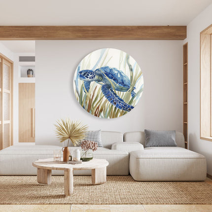 Wandcirkel woonkamer Blauwe Zeeschildpad die in Hoog Gras Zwemt