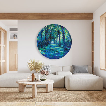 Wandcirkel woonkamer Kunstwerk van een Blauw Pad in het Bos