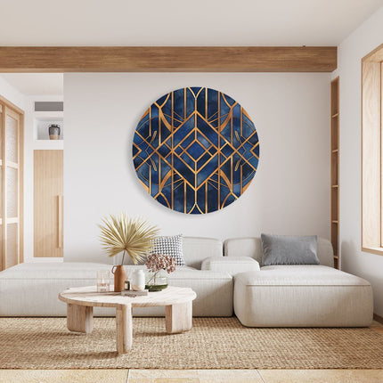 Wandcirkel woonkamer Art Decopatroon in Blauw en Goud