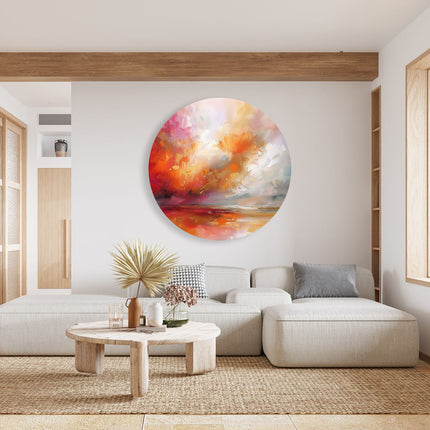 Wandcirkel woonkamer Abstract Kunstwerk van een Rode, Oranje en Gele Lucht